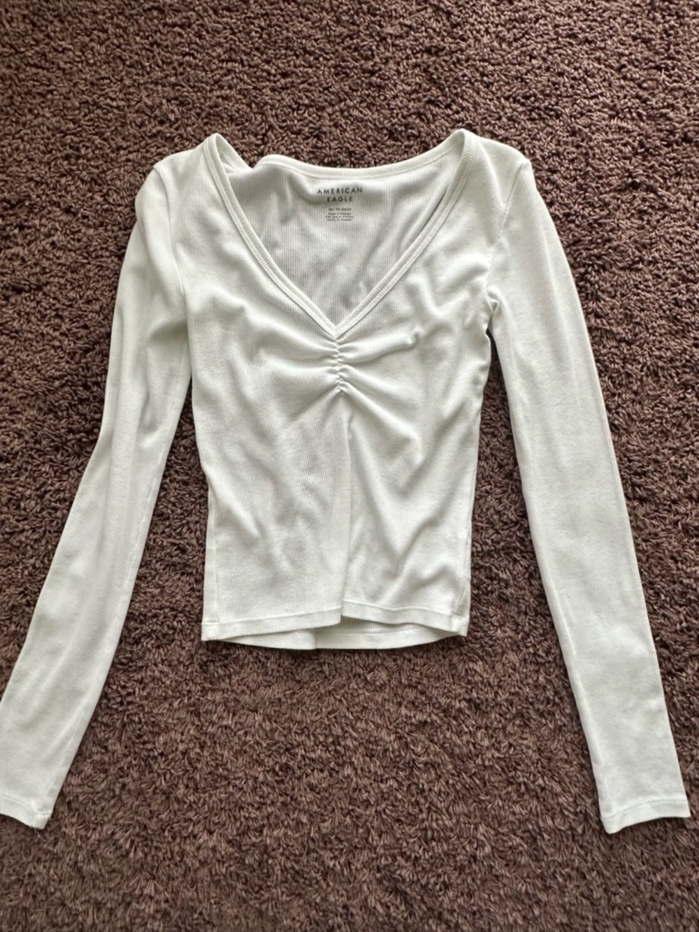 American Eagle Outfitters White Long Sleeve Ruched V-Neck Top